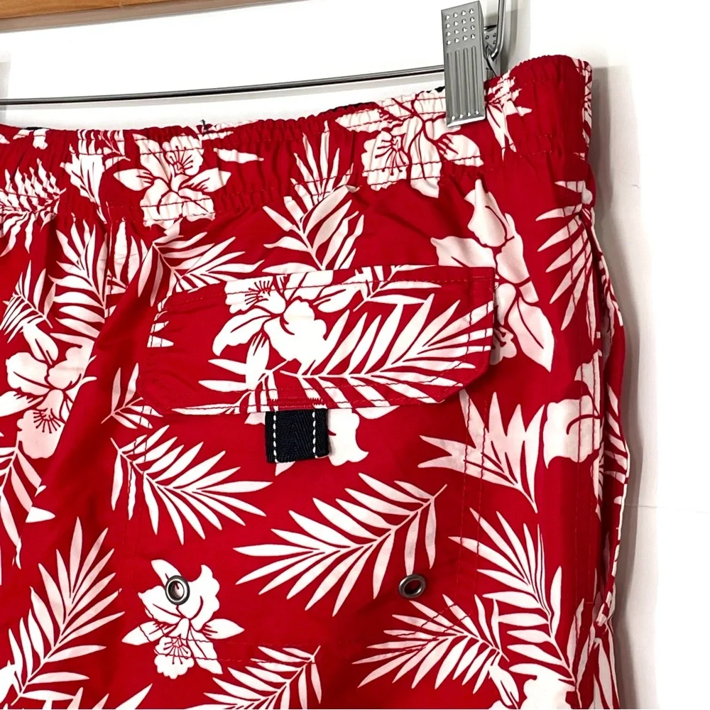 Lands’ End Men’s Red Palm Swim Trunks 9” Inseam Swim Shorts Medium Size 32-34